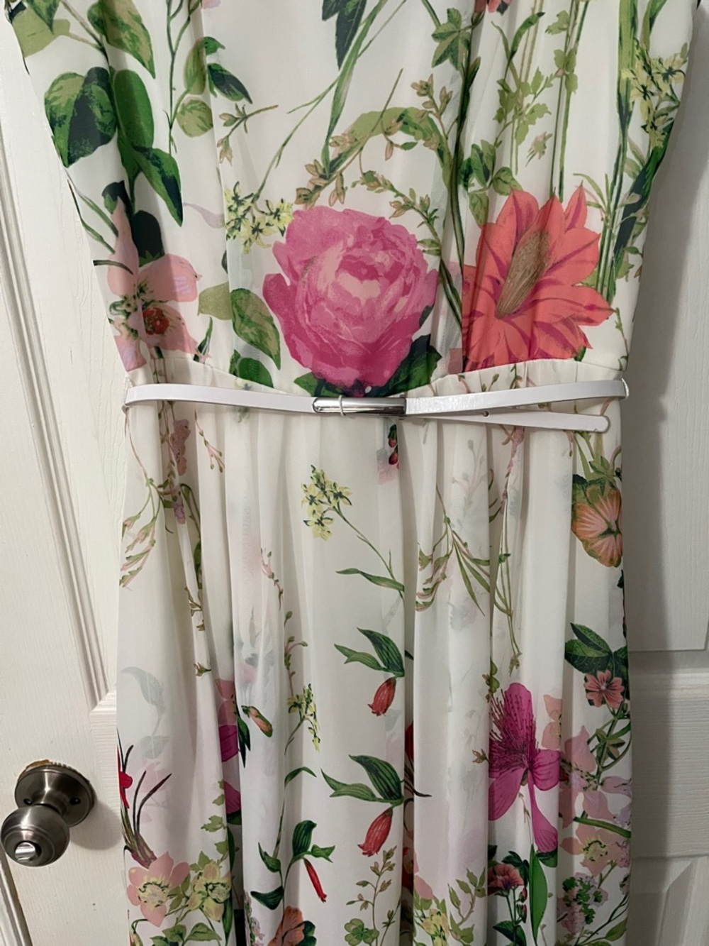 Danny & Nicole White Floral Midi Dress with Pink and Green Bloom Print - Picture 3 of 4